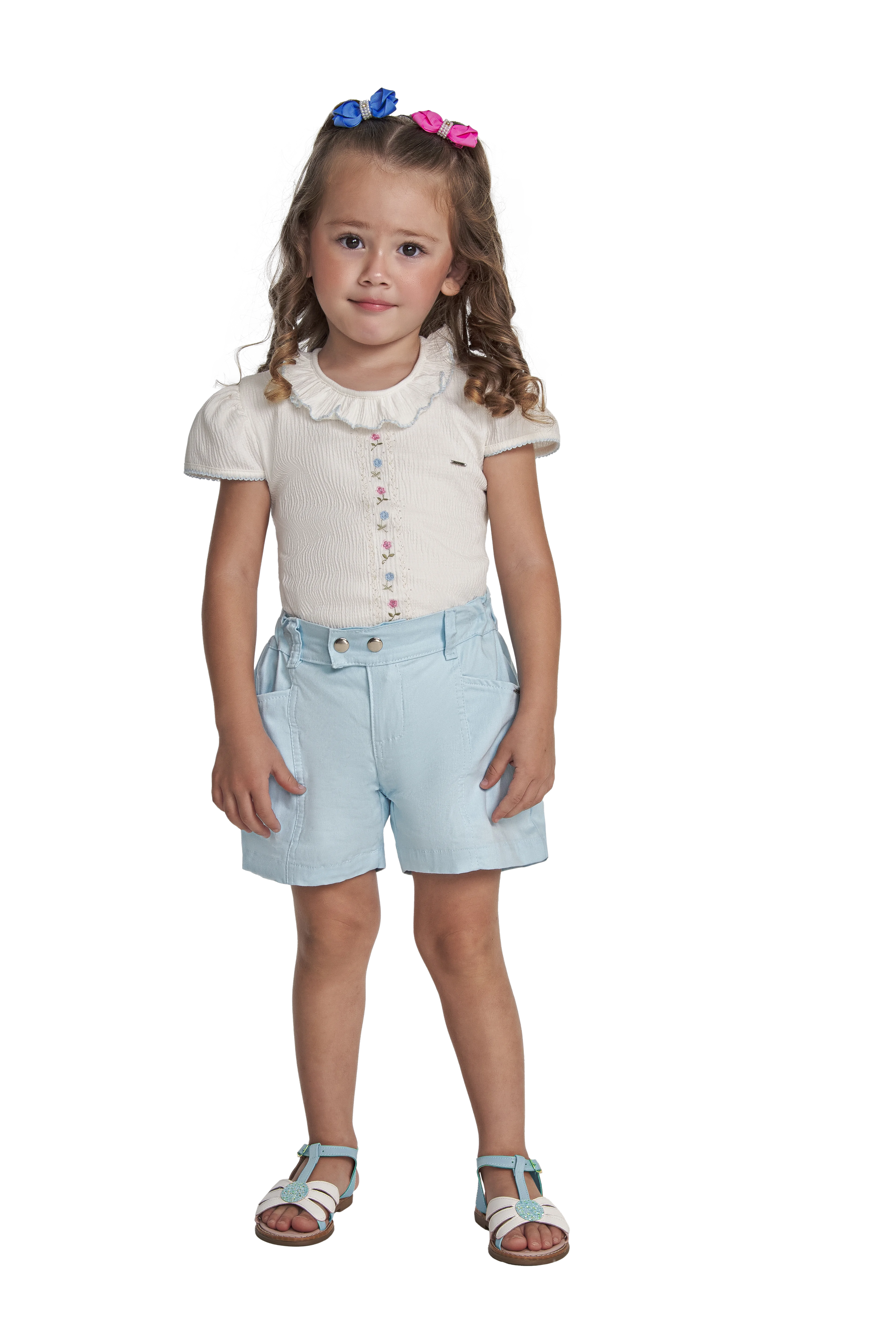 CONJUNTO BLUSA E SHORT ACONCHEGO LINDEZA CORES AZUL E BRANCO